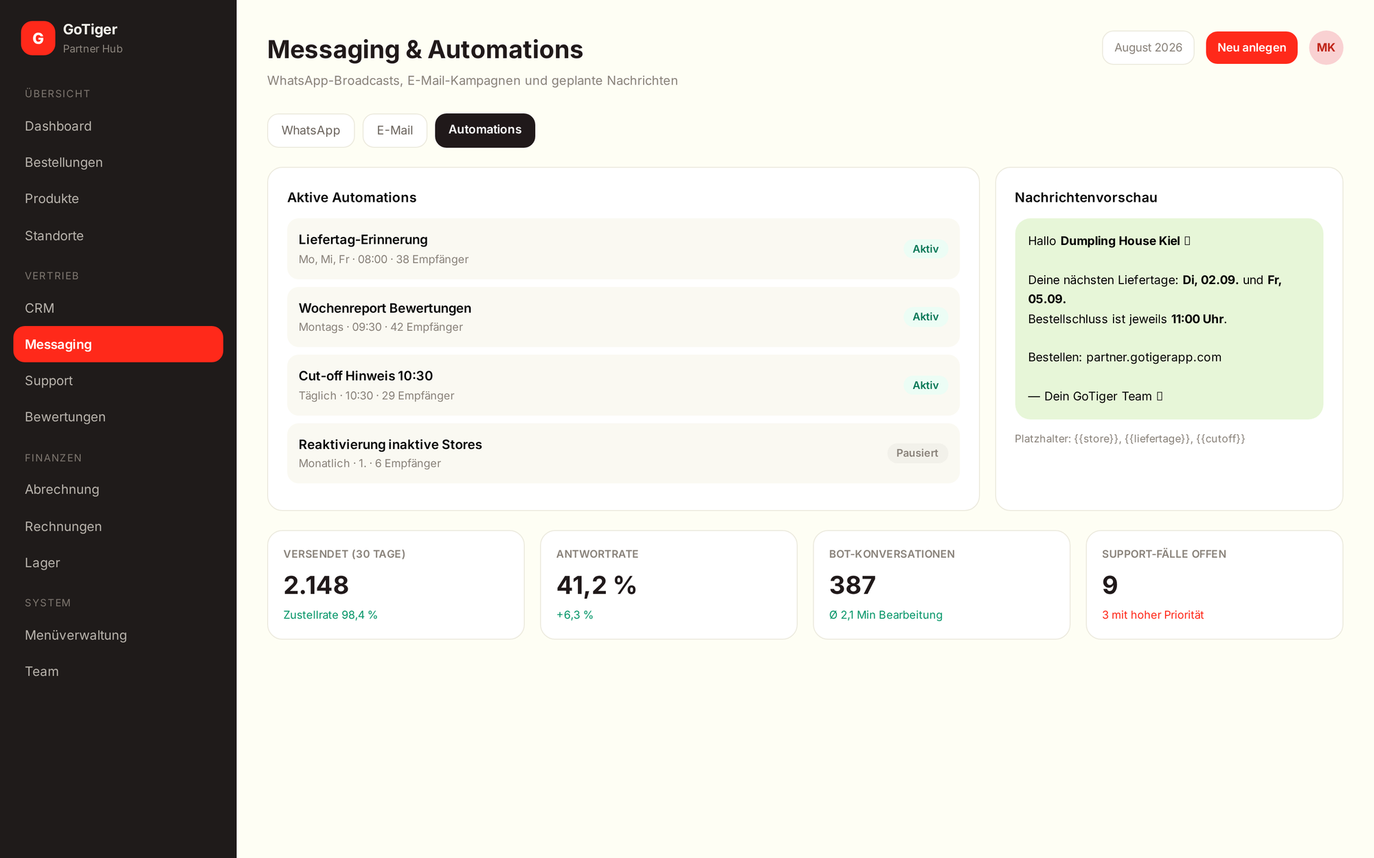 Messaging im Partner Hub mit WhatsApp-Broadcasts, Automations und Nachrichtenvorschau